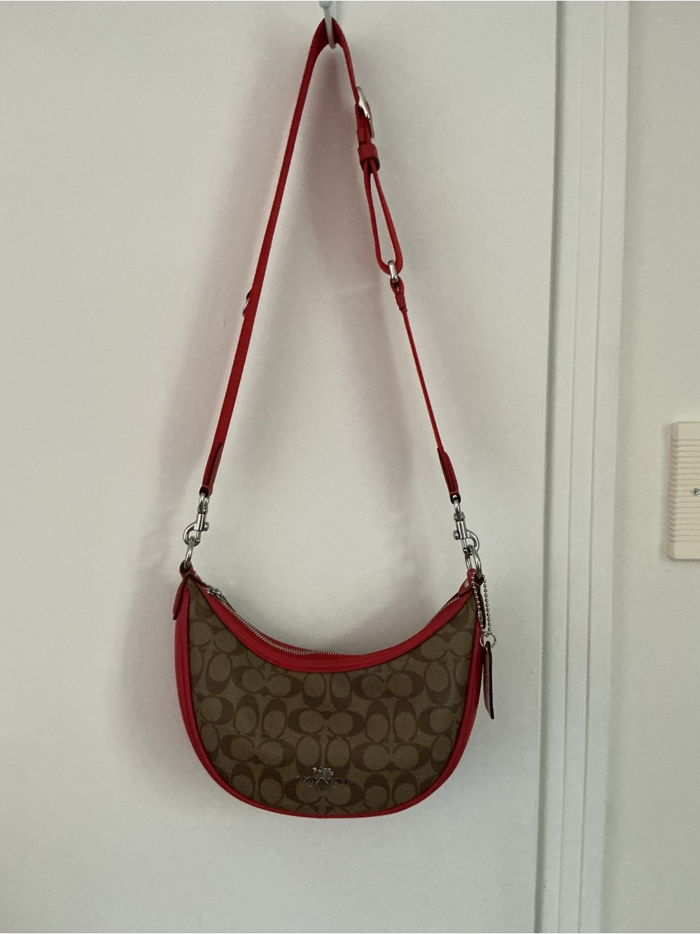 Coach Brown Signature Canvas Crescent Shoulder Bag with Red Trim - Picture 4 of 8